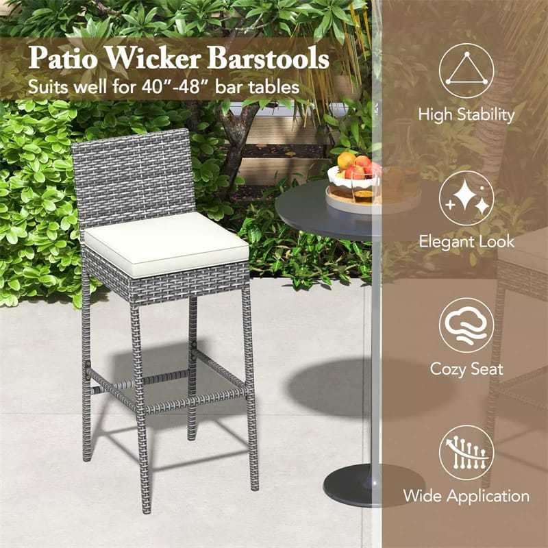 Wicker Outdoor Bar Stools Set of 4, Heavy-Duty Metal Frame Rattan Patio Bar Height Chairs w/ Cushions, Footrests for Backyard, Balcony