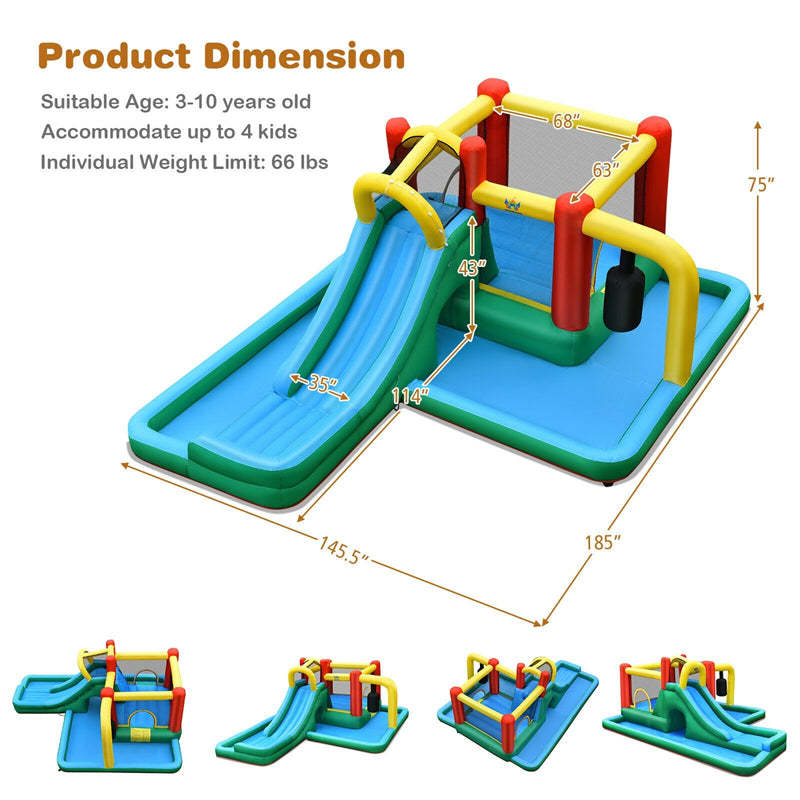 Inflatable Water Slide 6 in 1 Giant Jumping Bounce House Splash Pool Water Park with Crawling Tunnel, Pendulum for Kids Backyard Fun
