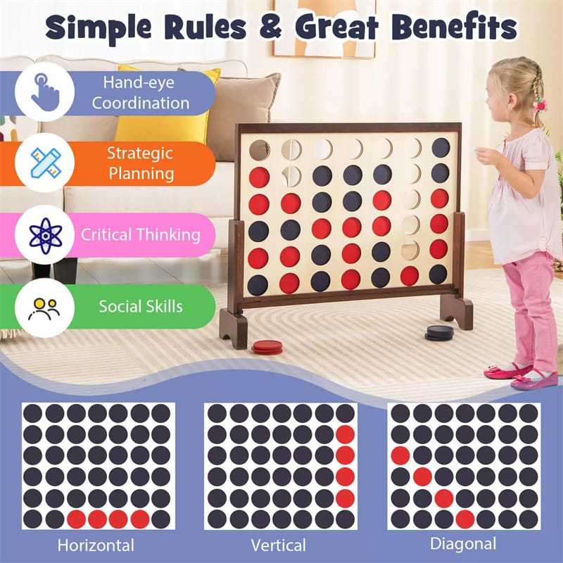 Giant 4-in-A-Row, Wooden 4-to-Score Giant Game Set with Carrying Bag & Chips, Wood Board Connect Game Toy for Kids & Adults Backyard Lawn Fun