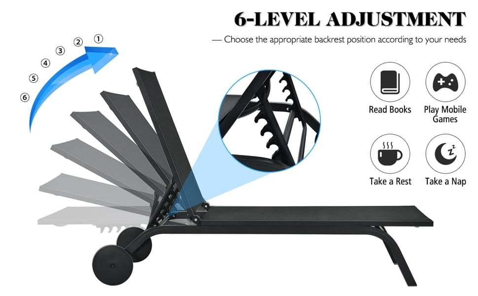 6-Position Adjustable Patio Chaise Lounge Chair Outdoor Beach Recliner with Wheels