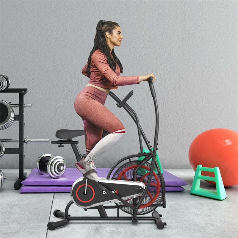 Upright Air Bike Fan Exercise Bike with LCD Display, Adjustable Seat, Phone Holder, Built-in Wheels, Unlimited Resistance for Home Gym Cardio Workout