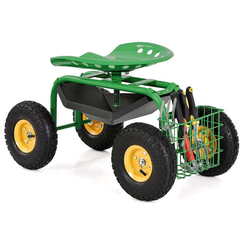 Rolling Garden Cart with 360° Swivel Seat, Tool Basket, Adjustable Height, 300LB Capacity Heavy Duty Gardening Seat for Lawn, Yard Work, Seniors