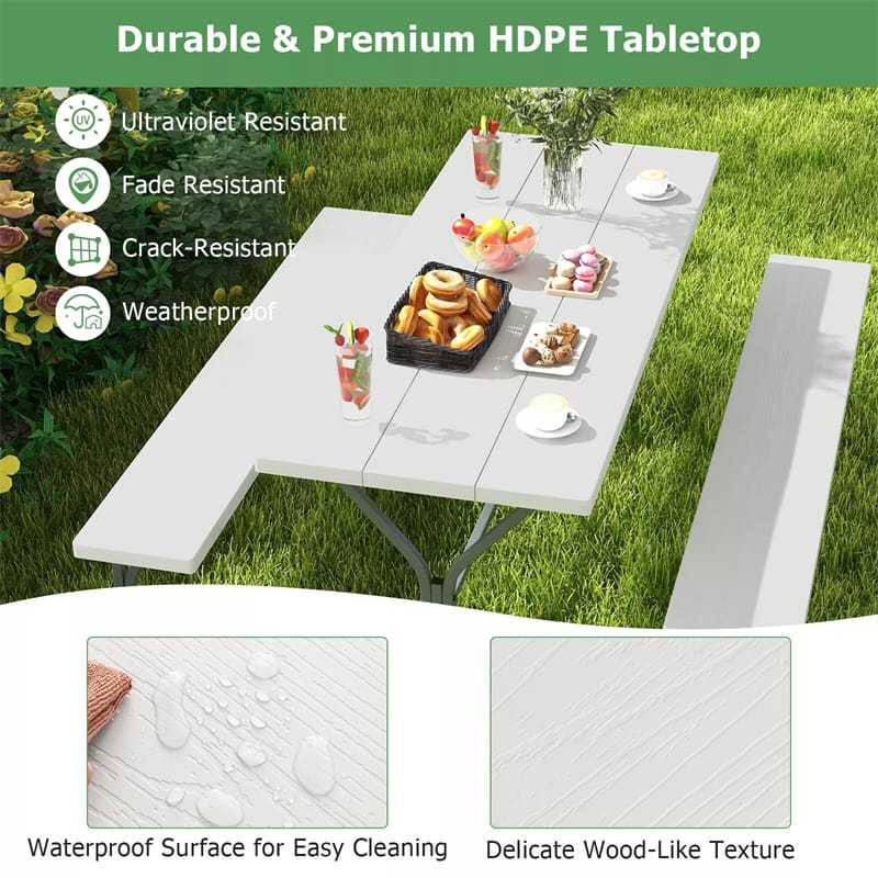 6FT Picnic Table & Bench Set for 8-Person, Heavy Duty Weather-Resistant Outdoor Dining Table with Umbrella Hole HDPE Tabletop & Built-in Benches