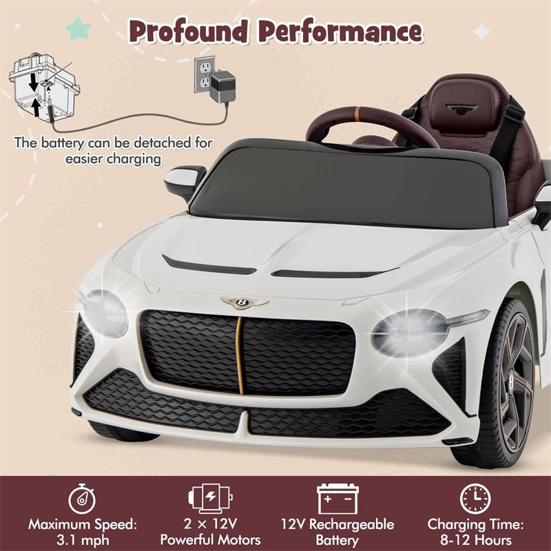 12V Kids Ride-on Car, Licensed Bentley Bacalar Electric Vehicle with Remote Control, LED Lights, Wireless Connection & Sound for 3+ Years Old