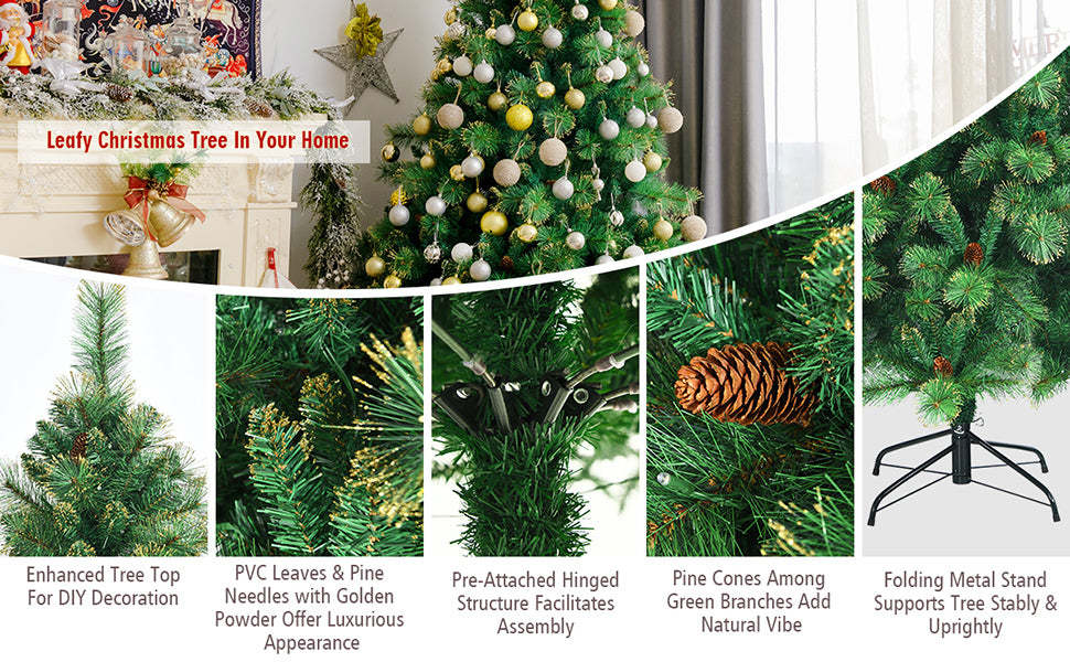 7FT Pre-lit Hinged Artificial Christmas Tree with 1233 Glitter Tips and 500 LED Lights