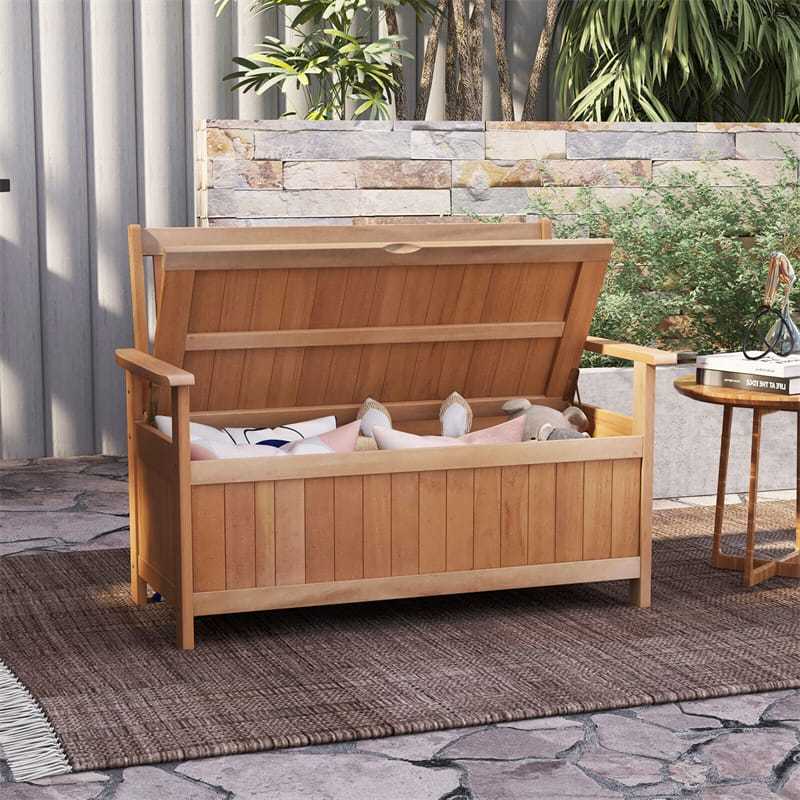 48 Inch Patio Storage Bench Wood Storage Loveseat Entryway Large Deck Box Storage Seat with 34.2 Gal Inner Space & Slatted Backrest