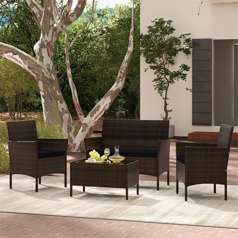 4PCS Patio Rattan Conversation Set Outdoor Garden Wicker Furniture Set with Loveseat Chair, Tempered Glass Coffee Table & Cushions