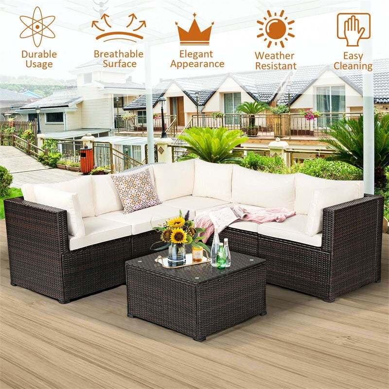 6 Pieces Patio Rattan Sofa Set Wicker Conversation Set with Glass Coffee Table & Cushions