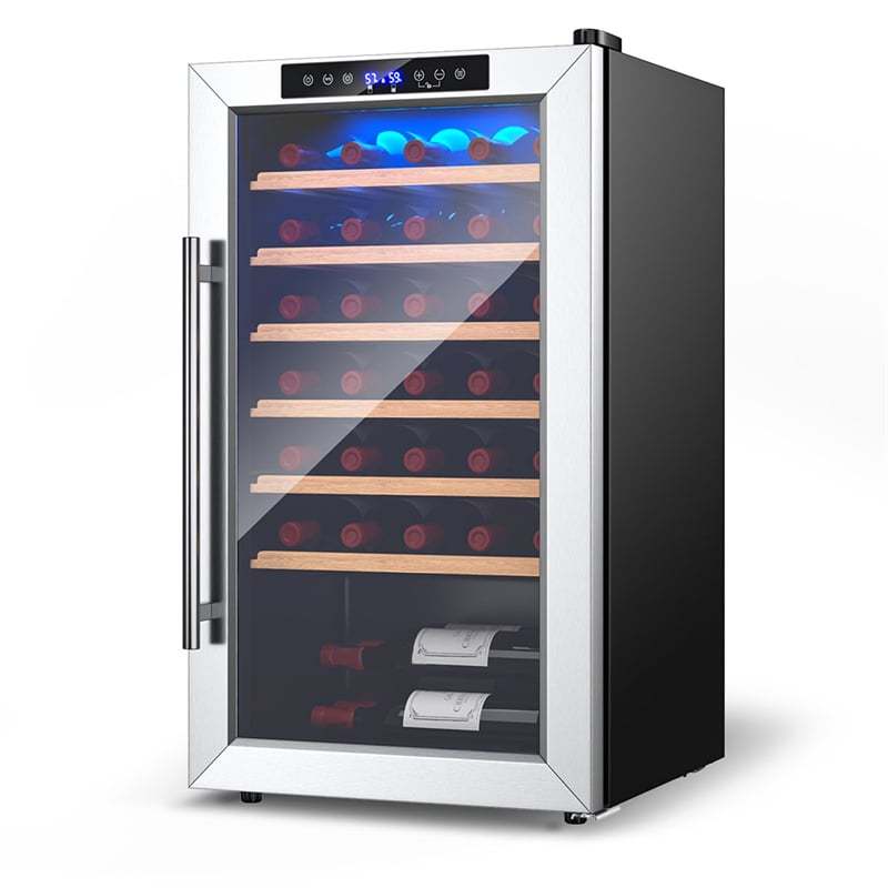 20" Wine Cooler, 33-Bottle Wine Refrigerator w/2-Layer Tempered Glass Door, Dual Alarm Function & Temp Control, Built-in/Freestanding Mini Wine Fridge