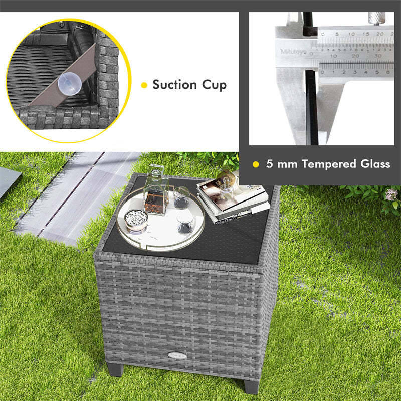 3PCS Patio Rattan Furniture Set Outdoor Conversation Set Wicker Bistro Set with Cushioned Chairs & Tempered Glass Side Table