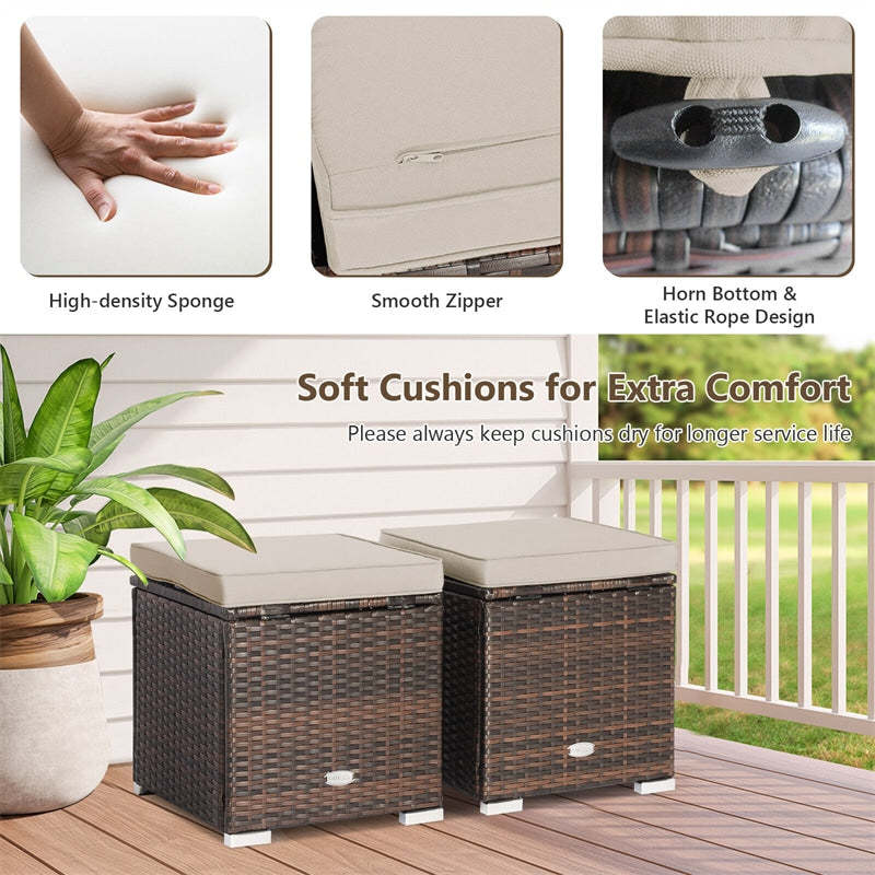 2PCS Wicker Patio Ottomans Hand-Woven PE Rattan Multipurpose Outdoor Footstool Side Table with Removable Cushions & Hidden Storage Box