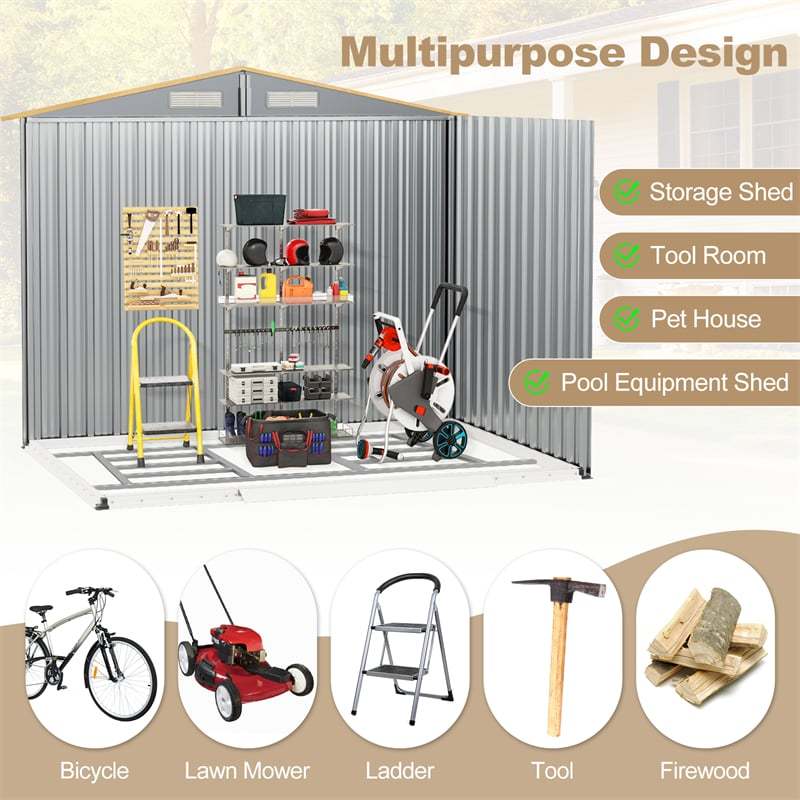 8' x 6' Outdoor Storage Shed Galvanized Steel Garden Tool Shed with Base Floor & Lockable Double Sliding Door