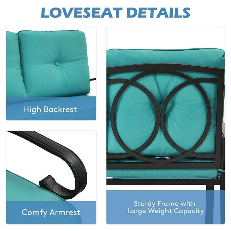2 PCS Patio Loveseat Bench Table Furniture Set Cushioned Chair Turquoise
