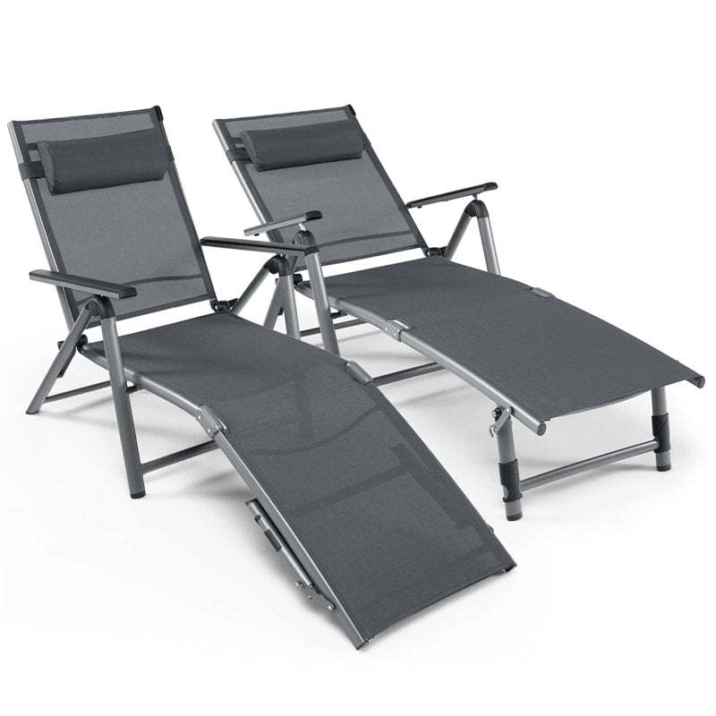 2PCS Aluminum Folding Chaise Lounge with Headrest Pillow, 8-Position Backrest & 2-Leg Adjustment, Reclining Lounge Chair for Poolside, Backyard, Beach