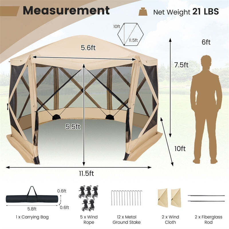 11.5' x 11.5' Pop Up Screen Tent 6-Sided Camping Gazebo Tent Outdoor Instant Canopy Shelter with Netting 2 Wind Clothes & Carry Bag