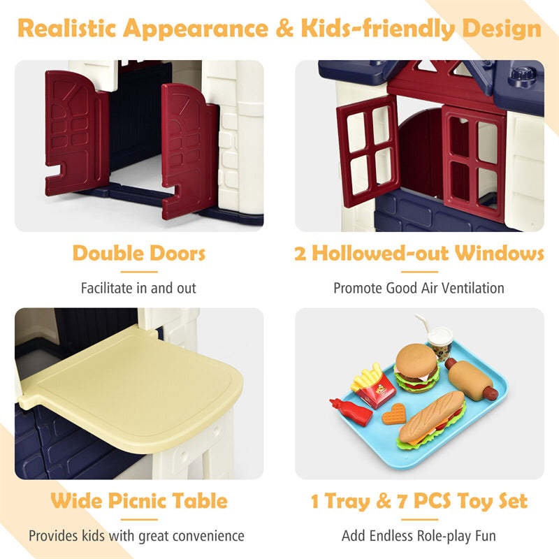 Kids Playhouse, Cottage Pretend Play House with 7PCS Toy Set, Picnic Table & Waterproof Cover for Indoor Outdoor, Boys & Girls Gifts