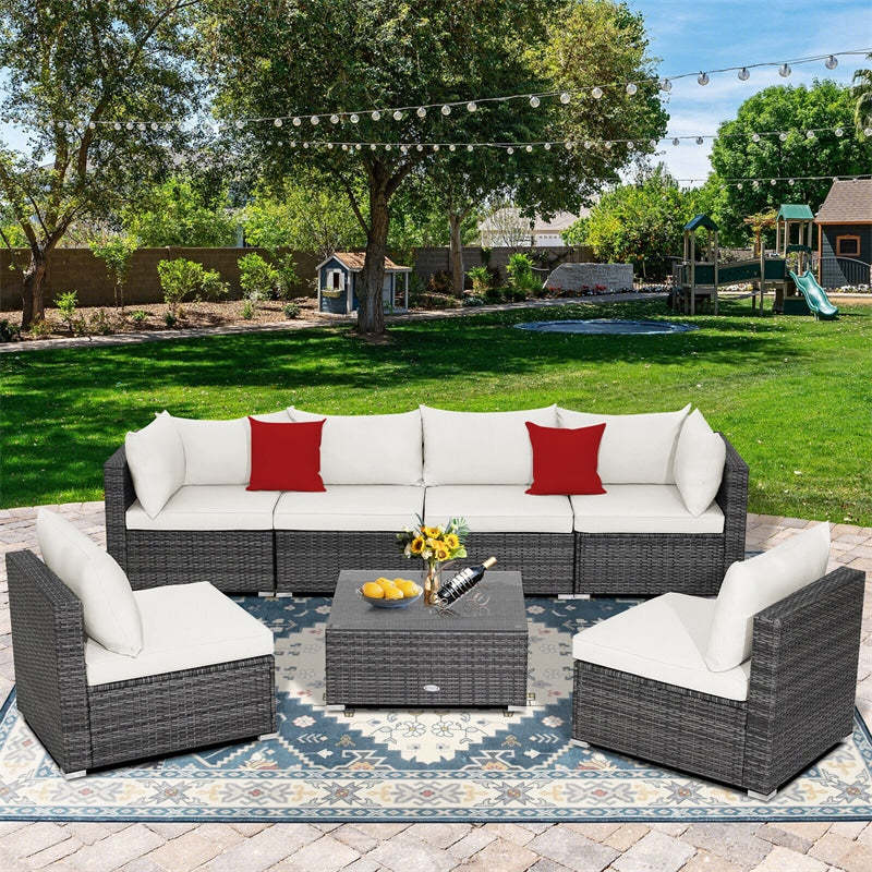 7PCS PE Rattan Modular Outdoor Sectional Set with Tempered Glass Top Table & Cushions, Patio Sofa Furniture for Backyard, Poolside Garden