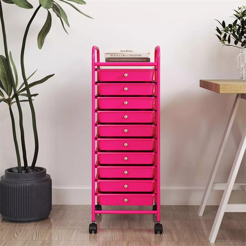 10-Drawer Rolling Storage Cart, Utility Cart with Drawers & Lockable Wheels, Mobile Art Craft Drawer Cart for Home Office, School