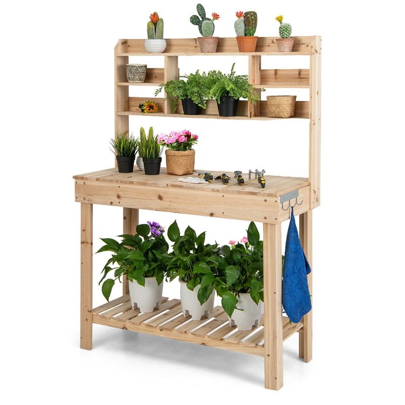 Outdoor Potting Bench, 60.5" Wood Garden Workstation Potting Table with Storage, Flip-Up Tabletop, Shelves & Hanging Hooks for Patio, Porch, Yard