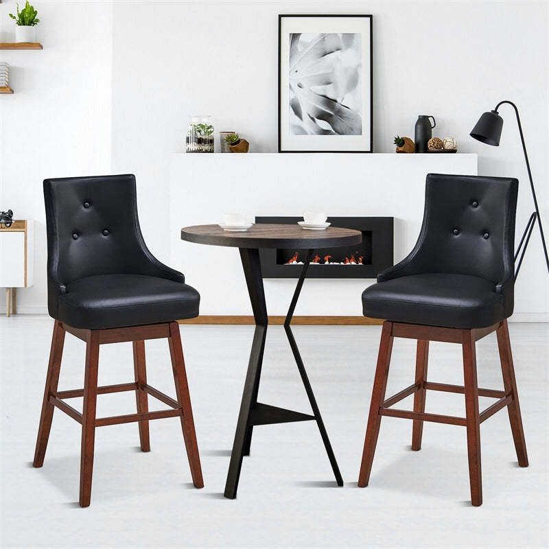 Set of 2 Swivel Bar Stools 29" Pub Height Upholstered Bar Stools with Button Tufted Backrest & Rubber Wood Legs