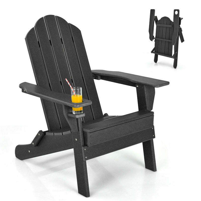 HDPE Folding Adirondack Chair, Outdoor Fire Pit Chair with Cup Holder, Weather Resistant Patio Lounge Chair for Backyard, Garden, Poolside