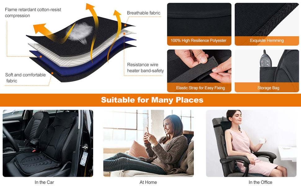 Folding 10 Vibration Motors Massage Seat Cushion Back Massager with 2 Heating Pads 3 Adjustable Intensity
