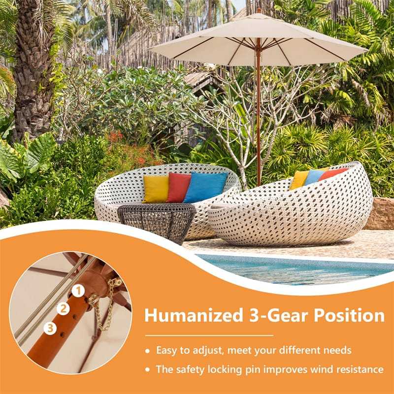 9.5FT Rope Pulley Lift Patio Umbrella Wooden Outdoor Market Umbrella Height Adjustable Table Parasol with 8 Fiberglass Ribs