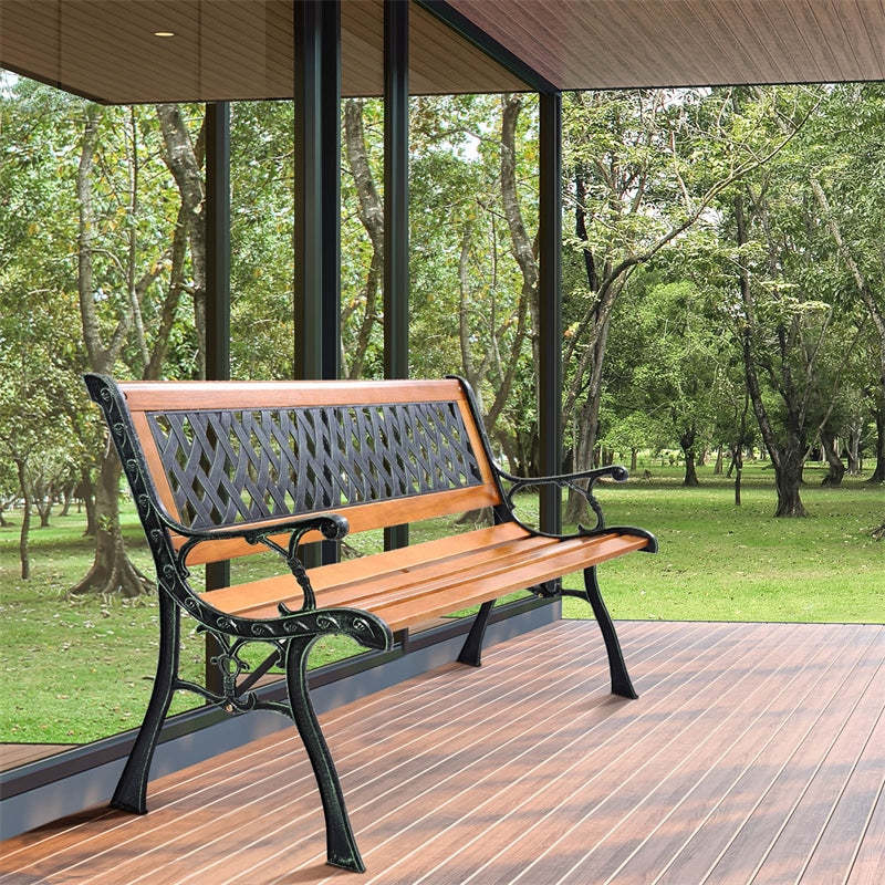 50" Patio Park Bench, Cast Iron Hardwood Outdoor Garden Bench with Backrest, Slatted Seat & Curved Armrests, Weatherproof Porch Path Chair