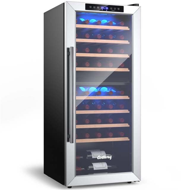 20" Dual Zone Wine Cooler Refrigerator, 43-Bottle Freestanding Built-in Wine Fridge with Temperature Control, Wood Shelves, Glass Door for Home Bars