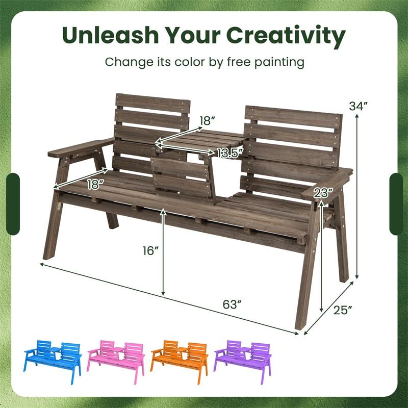 Outdoor Fir Wood Bench with Foldable Middle Table, 710lbs Capacity, 2-3 Person Garden Bench with Backrest & Armrests, Slatted Seat Bench for Porch