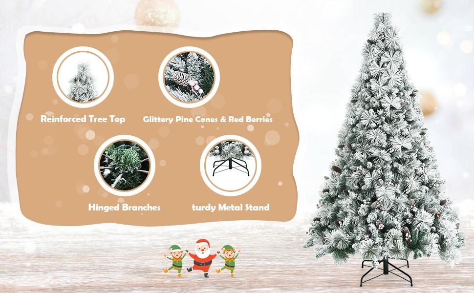 6ft Snow Flocked Hinged Christmas Tree with Pine Cone Red Berries