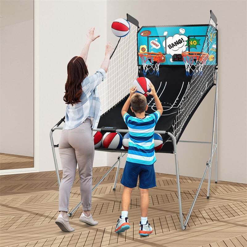 Folding Basketball Arcade Game, Dual Shot Basketball Hoop with 8 Game Modes, 4 Balls, LCD Scoreboard, Air Pump, Indoor Game for Kids & Adults