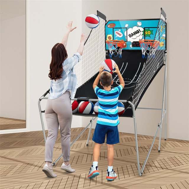Folding Basketball Arcade Game, Dual Shot Basketball Hoop with 8 Game Modes, 4 Balls, LCD Scoreboard, Air Pump, Indoor Game for Kids & Adults