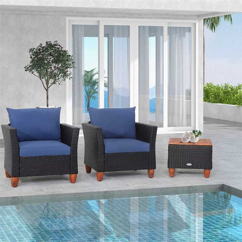 3PCS Patio Rattan Furniture Set Cushioned Sofa Chair Storage Coffee Table with Acacia Wood Top, Outdoor Wicker Conversation Set for Garden