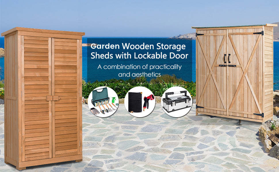63" Outdoor Wooden Storage Shed Garden Tool Cabinet with Latch Detachable Shelves & Pitch Roof