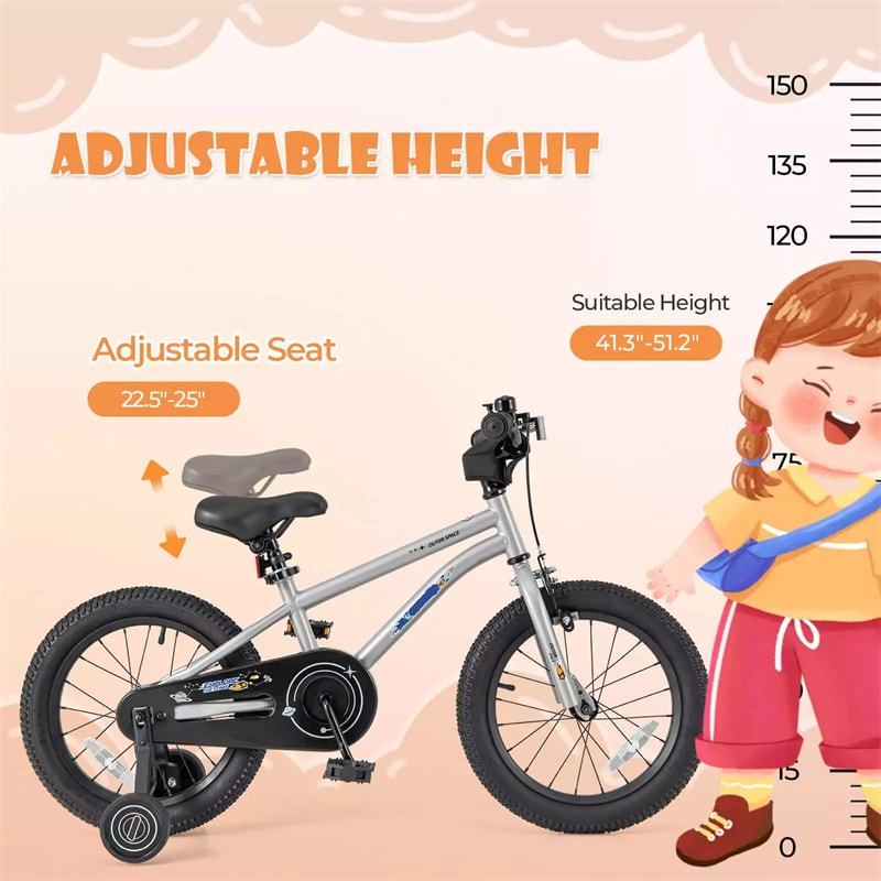 16-Inch Kids Bike, Sports Bicycle for 4-7 Years Old with Height Adjustable Seat, Fully Enclosed Chain Guard & Removable Training Wheels