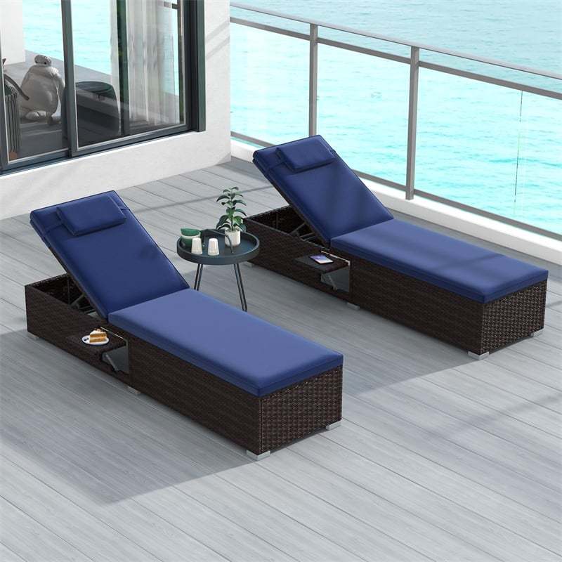 Patio Chaise Lounge, Outdoor Rattan Lounge Chair with 6-Level Adjustable Backrest, Cushion & Headrest, Metal Frame Backyard Reclining Chair