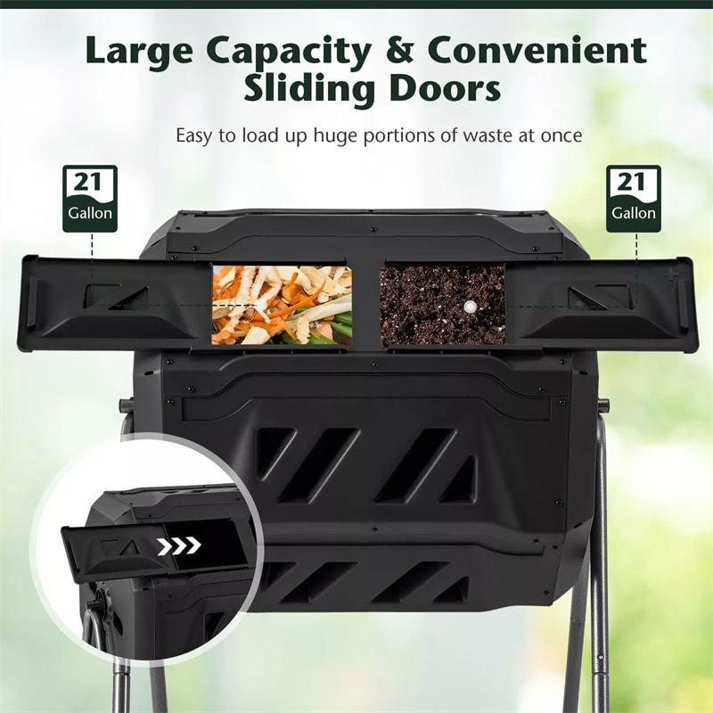 42-Gallon Dual Chamber Compost Tumbler, Rotating Outdoor Composter with Sliding Doors & Gloves, Metal Frame Compost Barrel for Garden Yard