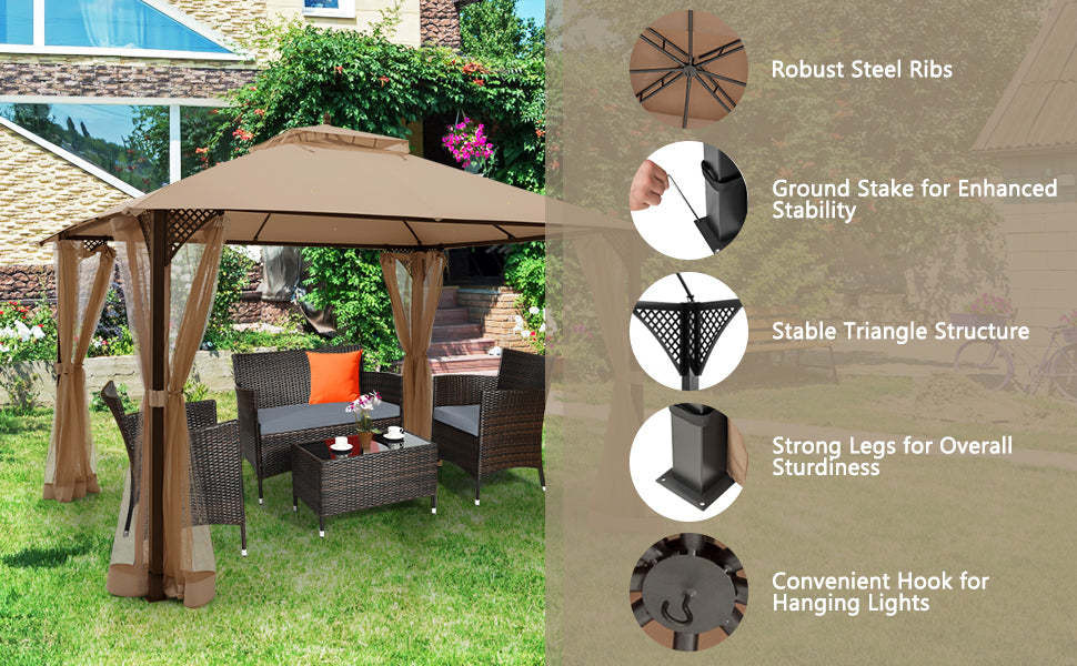 12' x 10' Outdoor Heavy Duty Patio Gazebo with Dual-Tiered Top & Netting Curtain