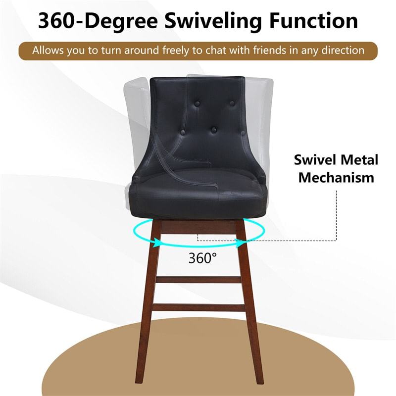 Set of 2 Swivel Bar Stools 29" Pub Height Upholstered Bar Stools with Button Tufted Backrest & Rubber Wood Legs