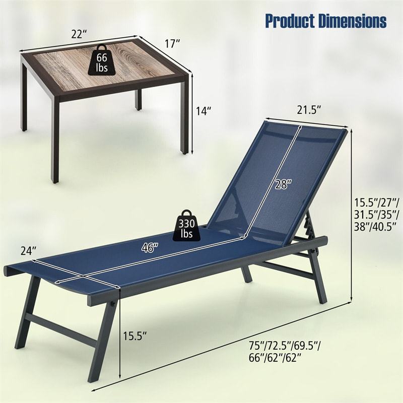 3-Piece Outdoor Aluminum Chaise Lounge Set with Side Table, 6-Position Adjustable Backrest Patio Lounge Chair for Poolside & Backyard