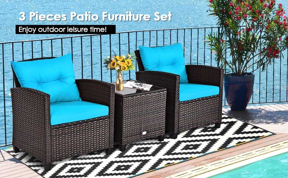 3 Piece Outdoor Wicker Rattan Patio Conversation Set with Washable Cushion & Coffee Table