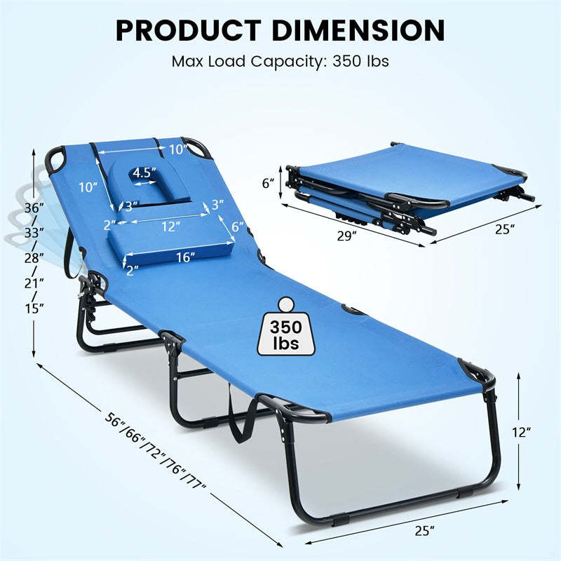 Folding Beach Chaise Lounge Chair, 5-Position Adjustable Sunbathing Recliner with Face Hole, Removable Pillows, Carry Strap, 350LB Support