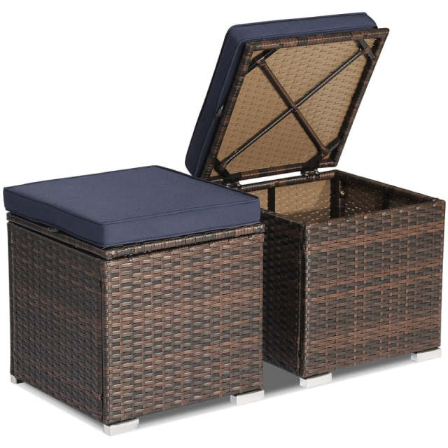 2PCS Wicker Patio Ottomans Hand-Woven PE Rattan Multipurpose Outdoor Footstool Side Table with Removable Cushions & Hidden Storage Box