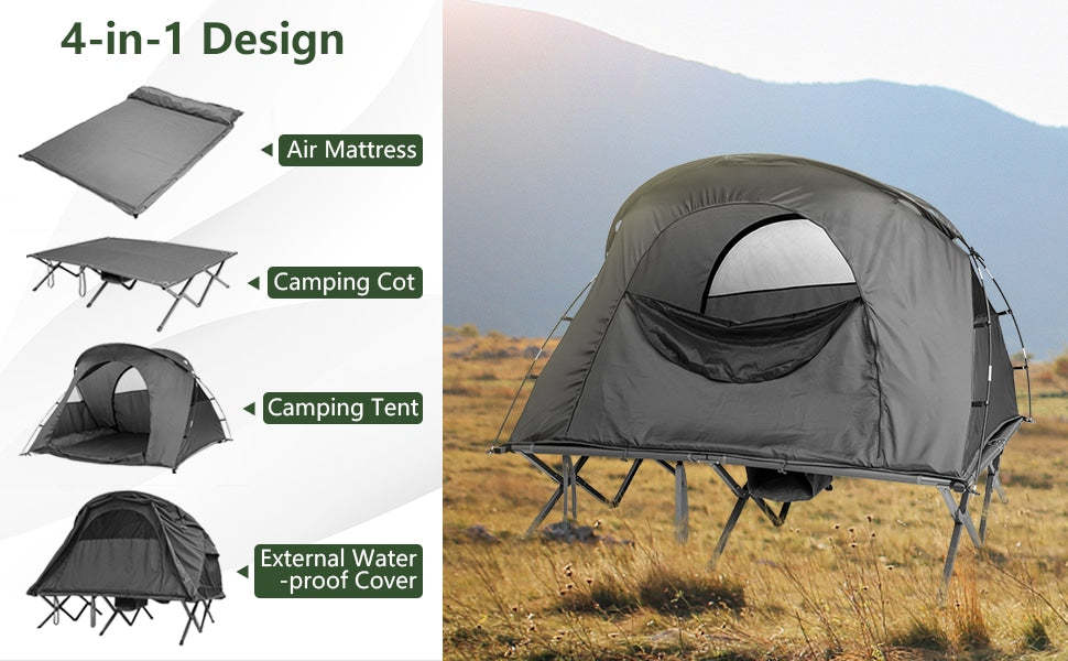 2-Person Tent Cot 4-in-1 Folding Camping Tent Elevated Tent with Waterproof Rain Cover, Self-Inflating Mattress & Roller Carrying Bag