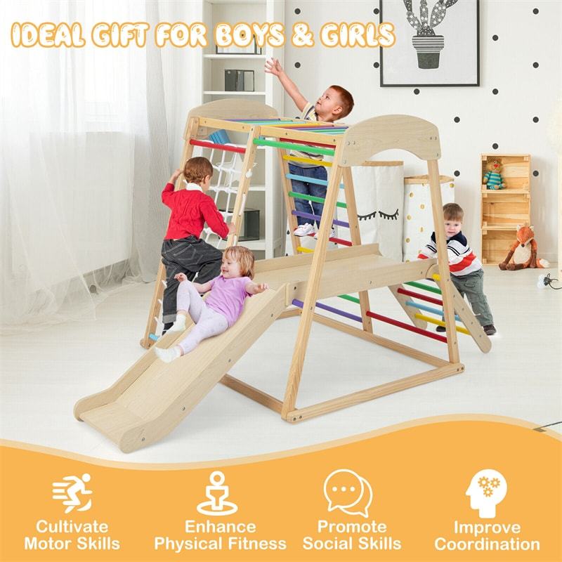6-in-1 Indoor Jungle Gym Large Wooden Playground Climber Playset Montessori Climbing Toys with Slide, Ladders & Wating Area for Toddlers Kids