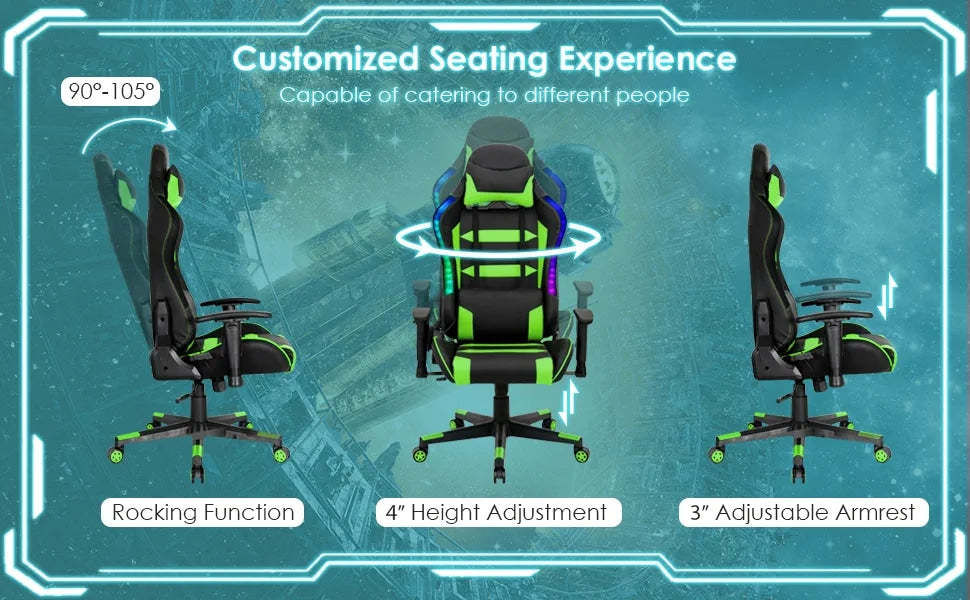 RGB Gaming Chair PVC Leather High Back Adjustable Computer Chair with LED Lights Headrest Lumbar Support