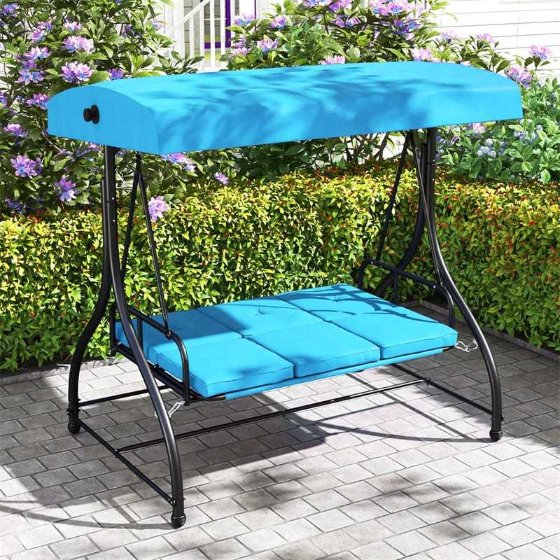 2-in-1 Convertible Patio Swing with Adjustable Canopy & Removable Cushions, Steel Frame 3-Person Outdoor Swing Bed for Deck/Backyard/Garden