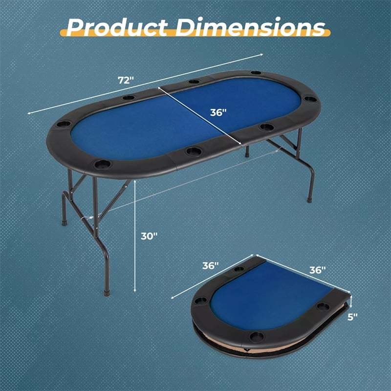 8-Player Poker Table, Foldable Card Board Game Table with Cup Holders, Casino-Grade Felt, Portable Texas Holdem Table for Blackjack Casino Games