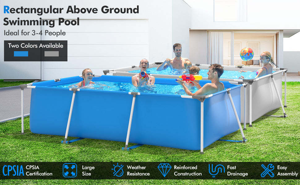 Rectangular Above Ground Frame Swimming Pool with Pool Cover for Patio Backyard Garden